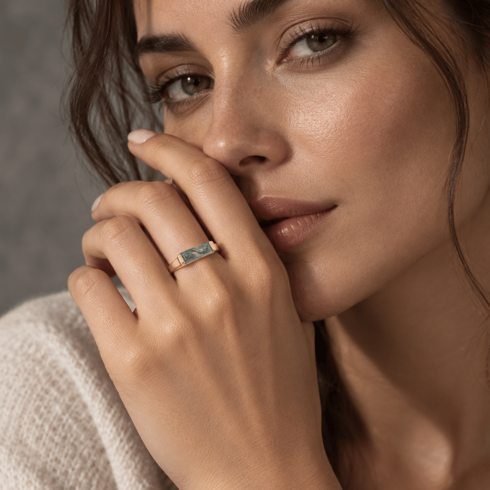 14 Karat Gold Plated Moss Agate Bar Ring