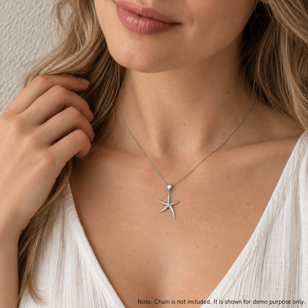 Rhodium Plated 2.5mm Larimar Starfish Pendant