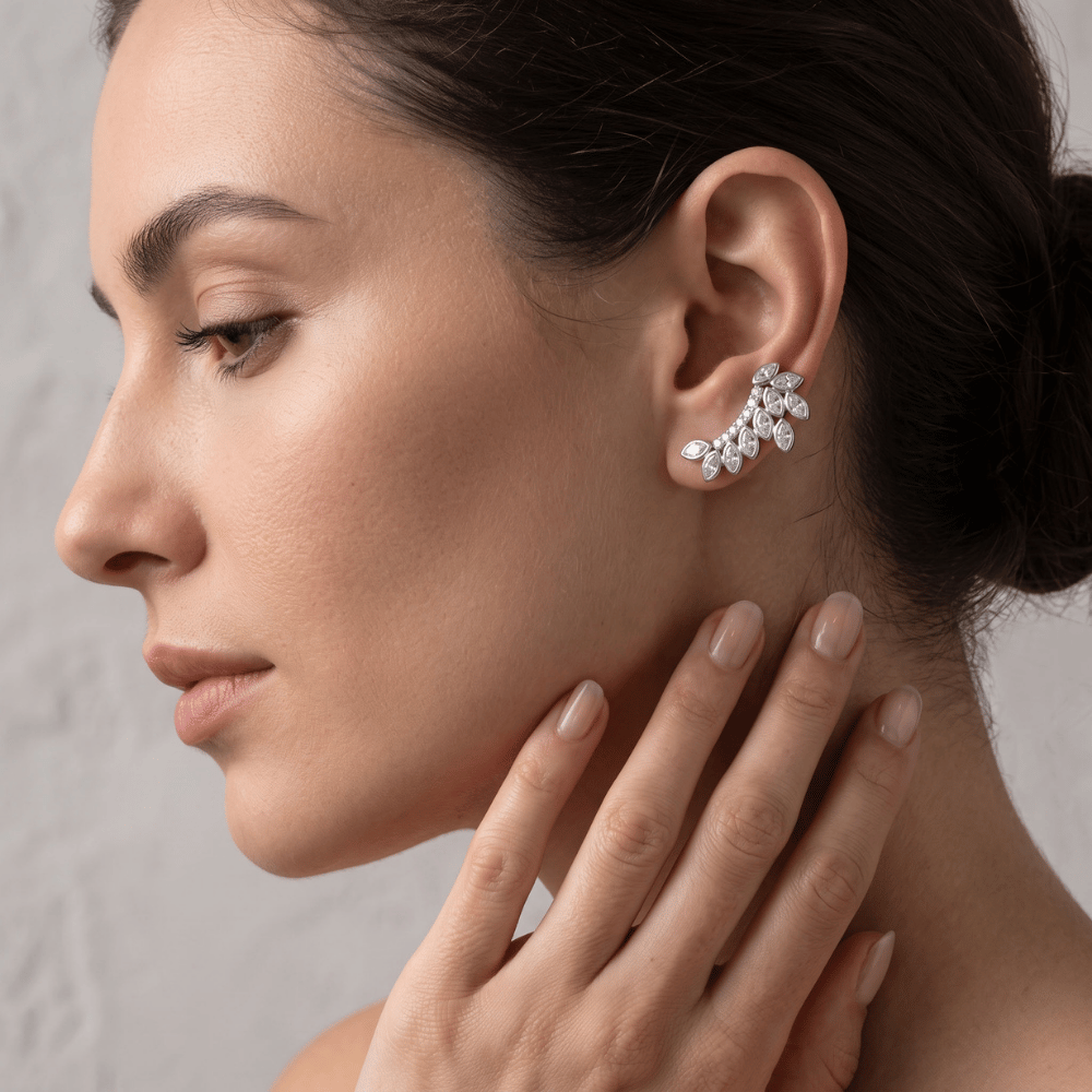 Rhodium Plated CZ Leaf Drop Earrings