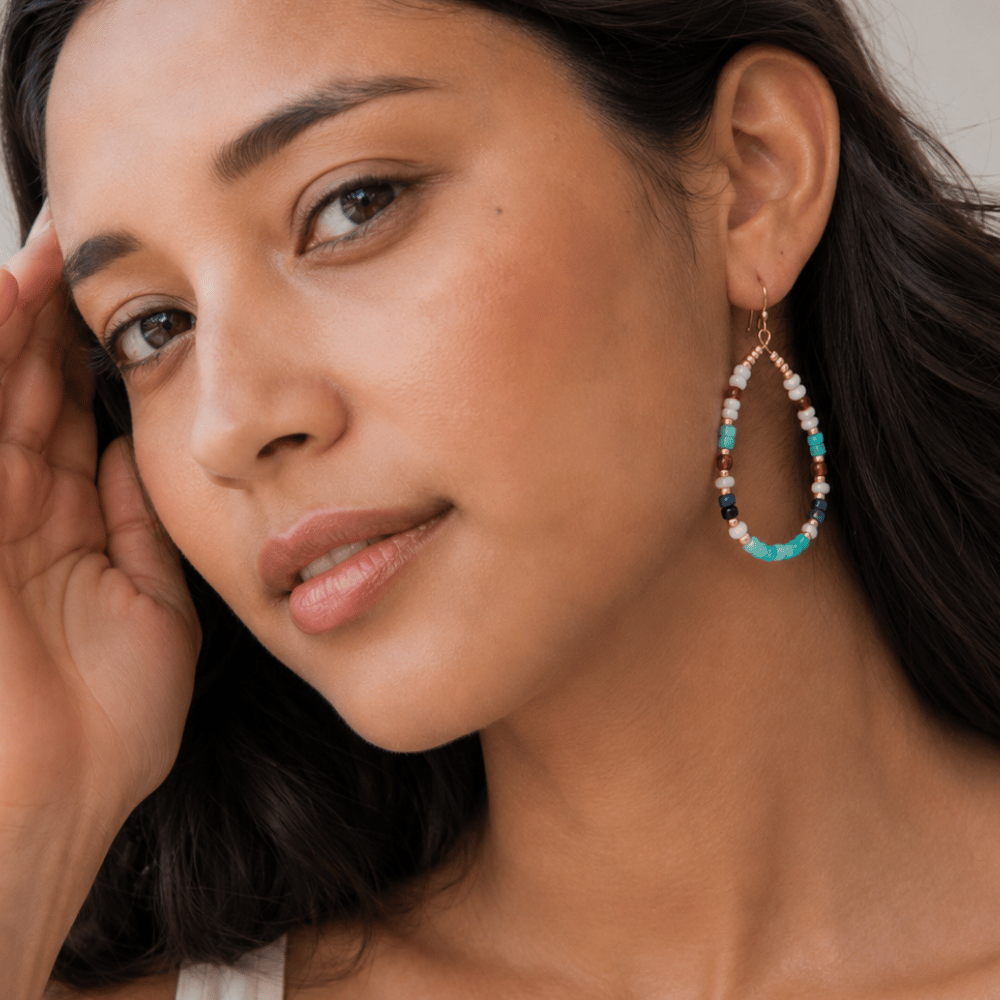 Gold Tone Multicolor Seed Bead Pear Drop Fashion Earrings