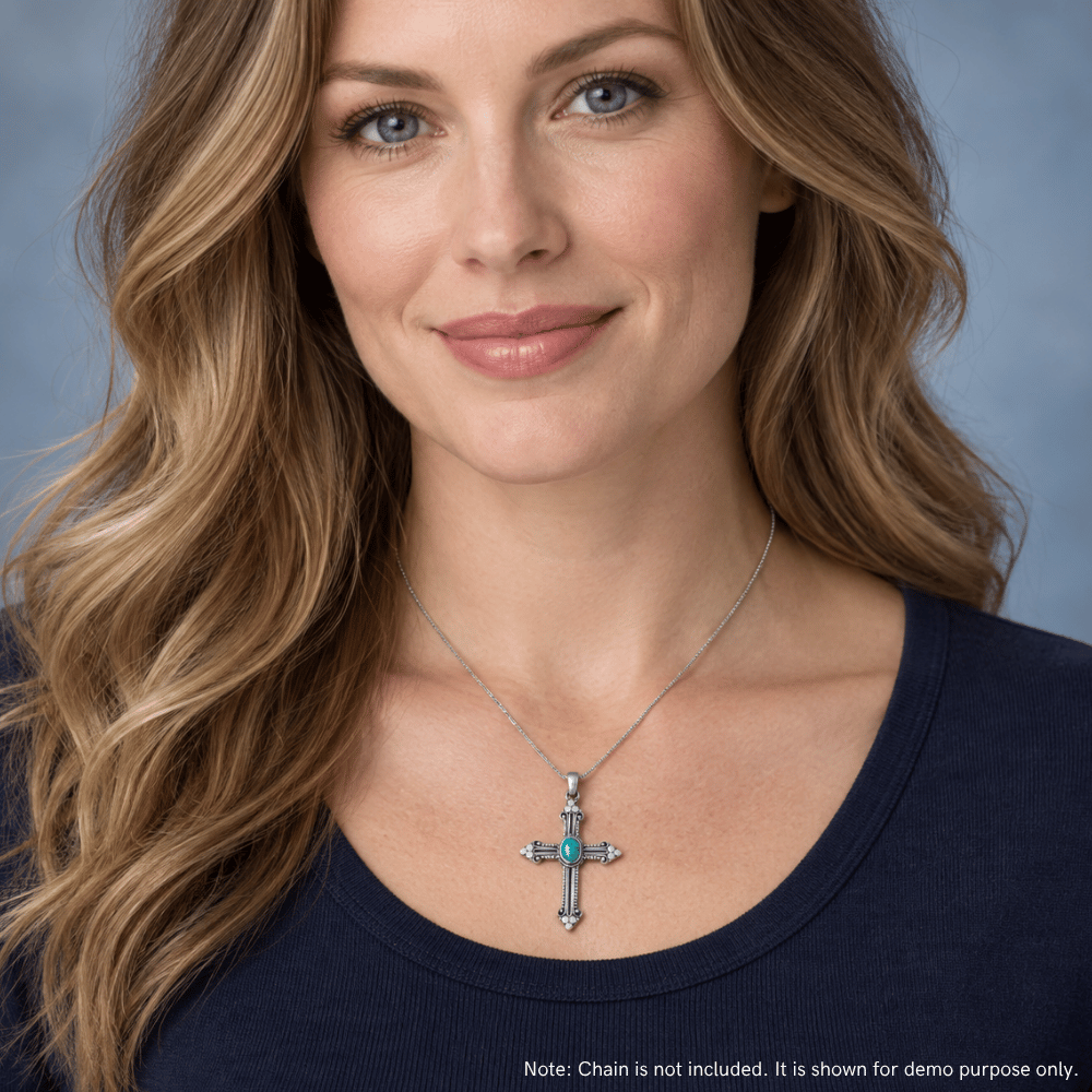 Turquoise Fleur de Lis Style Bali Cross Pendant