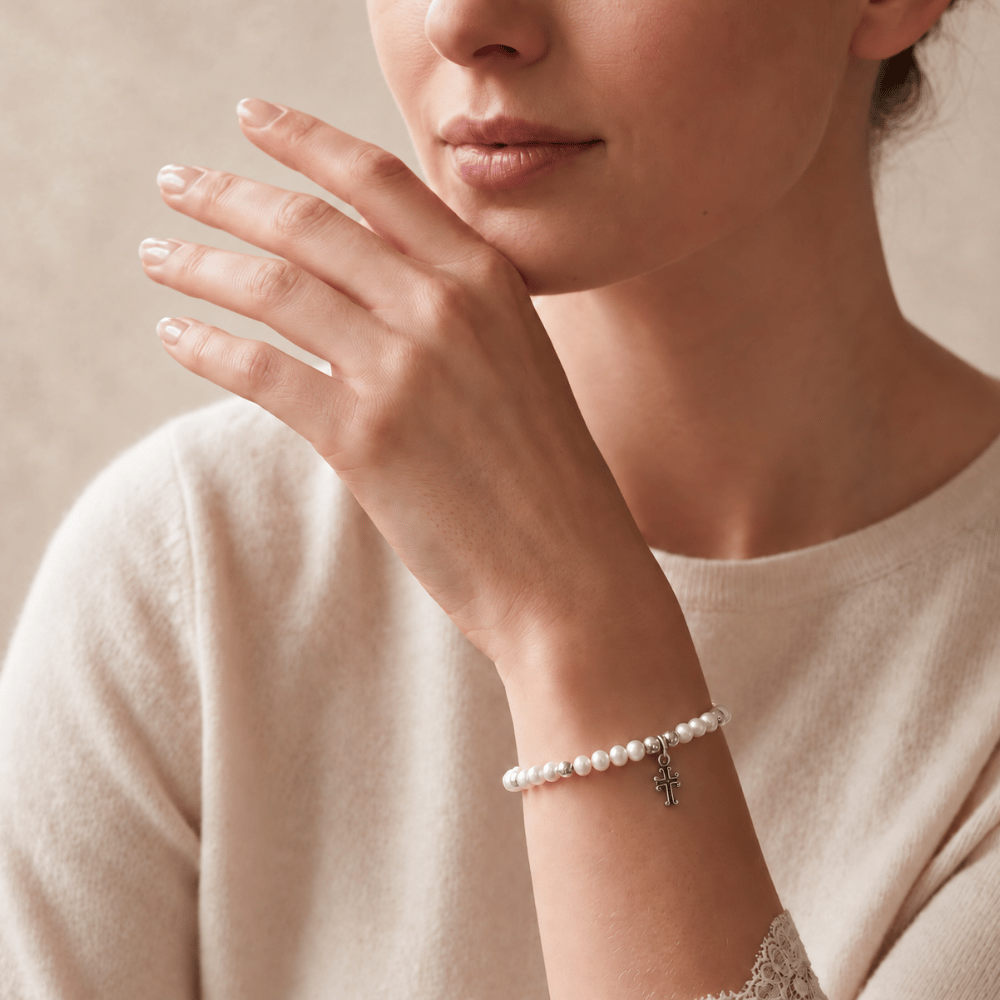 5" Cultured Freshwater Pearl and Oxidized Cross Bracelet