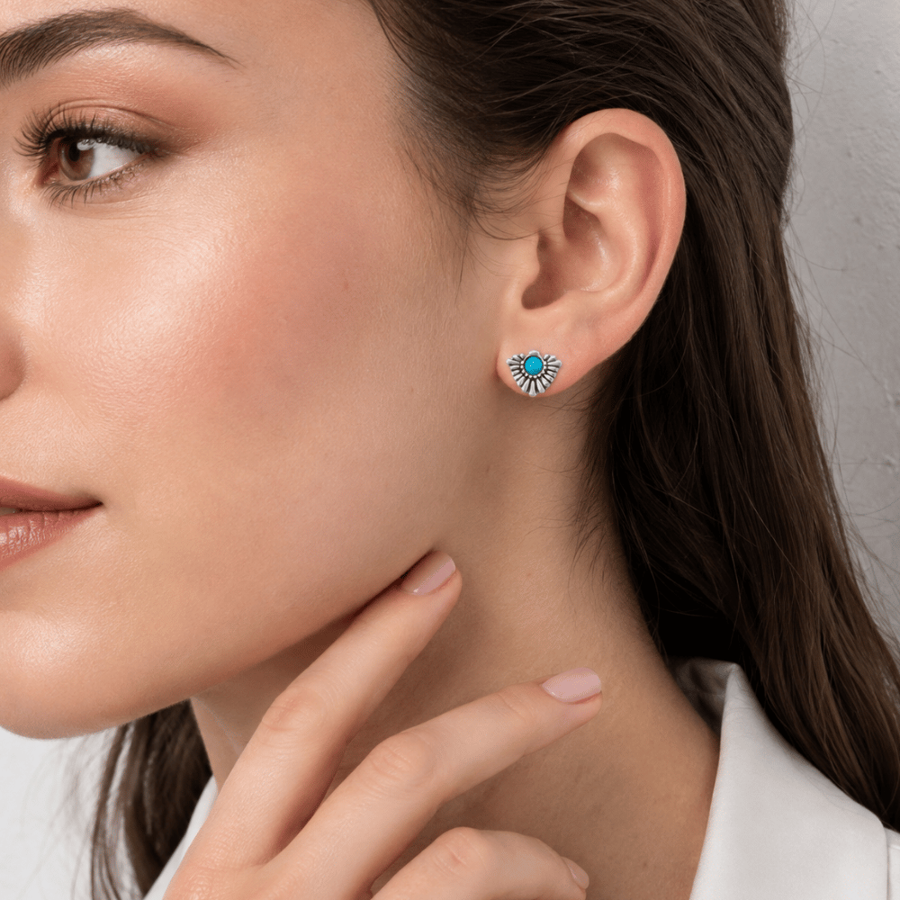 Rhodium Plated Oxidized Fan with Imitation Turquoise Stud Earrings