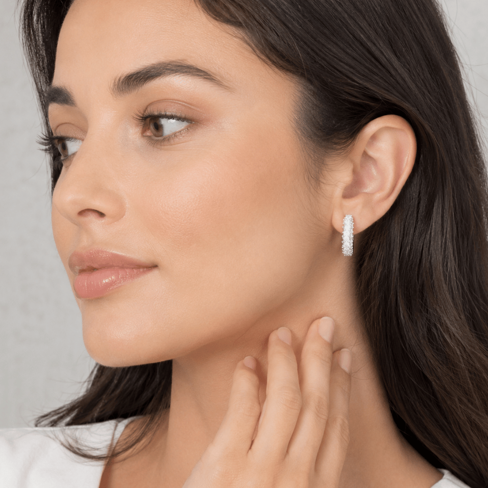 Rhodium Plated CZ Click Hoop Earrings