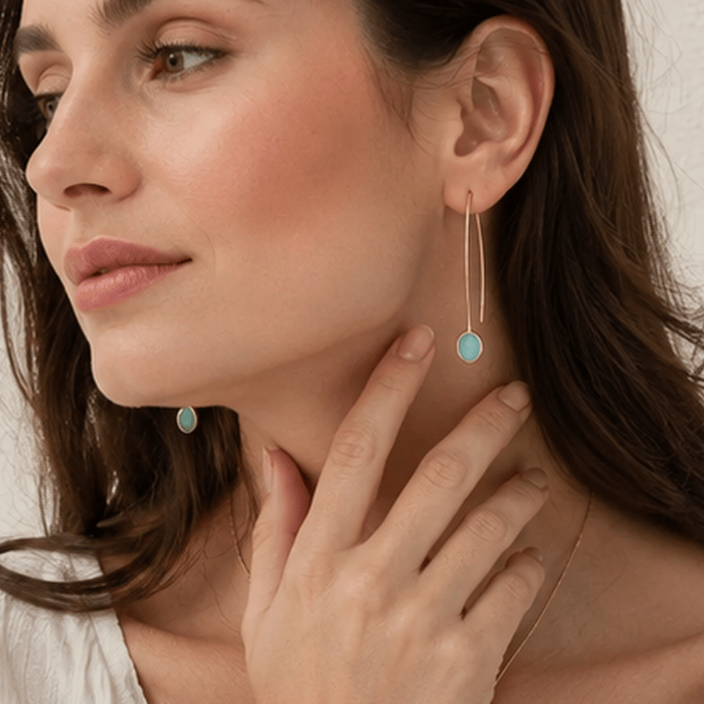 14 Karat Gold Plated Green Glass Wire Earrings