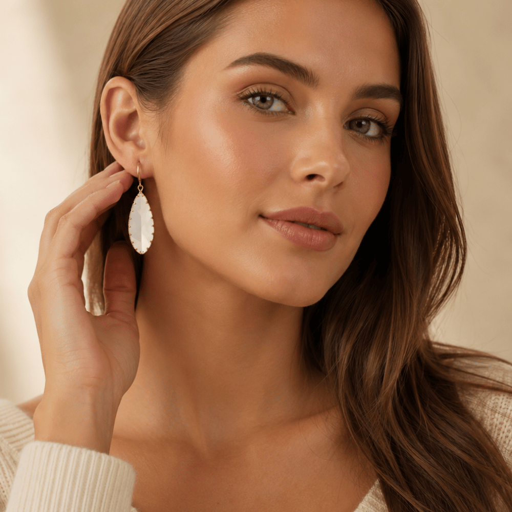 Gold Tone Etched Leaf Glass French Wire Fashion Earrings