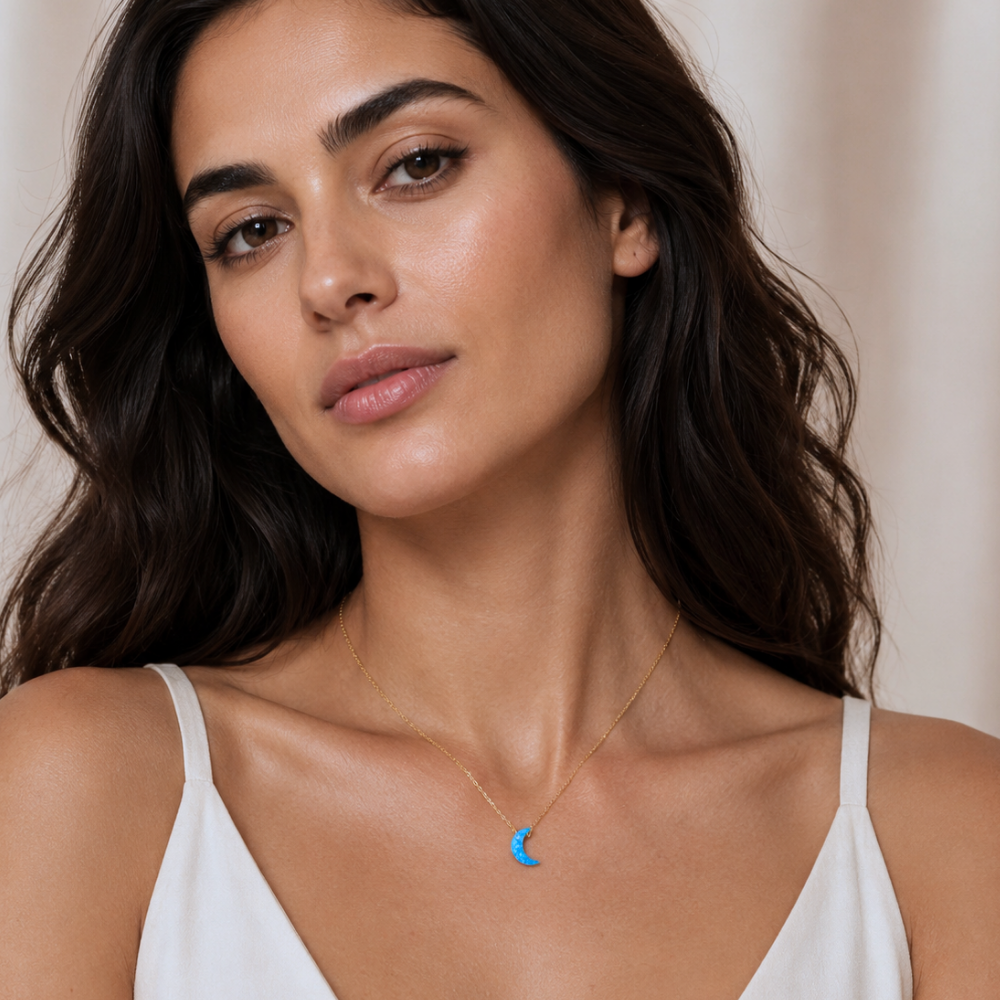 16" + 2" 14 Karat Gold Plated Synthetic Opal Moon Necklace