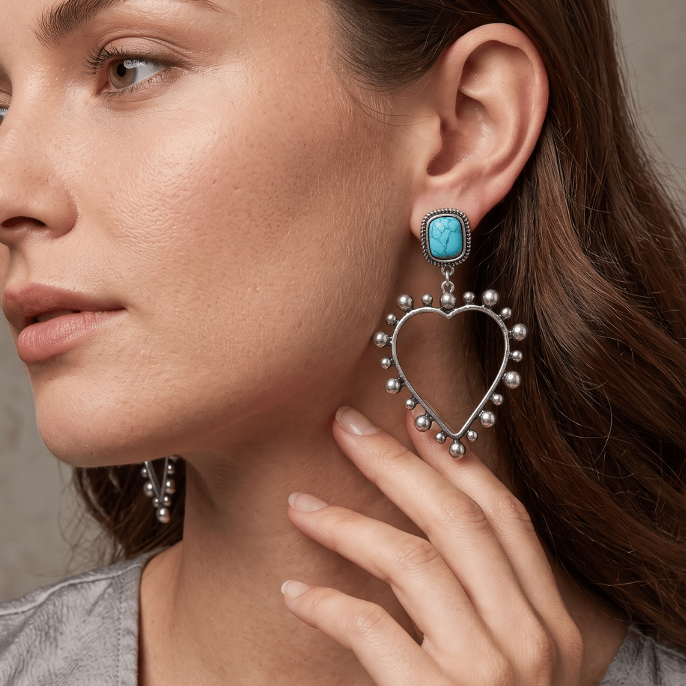 Antique Silver Tone Turquoise Howlite and Heart Drop Fashion Earrings