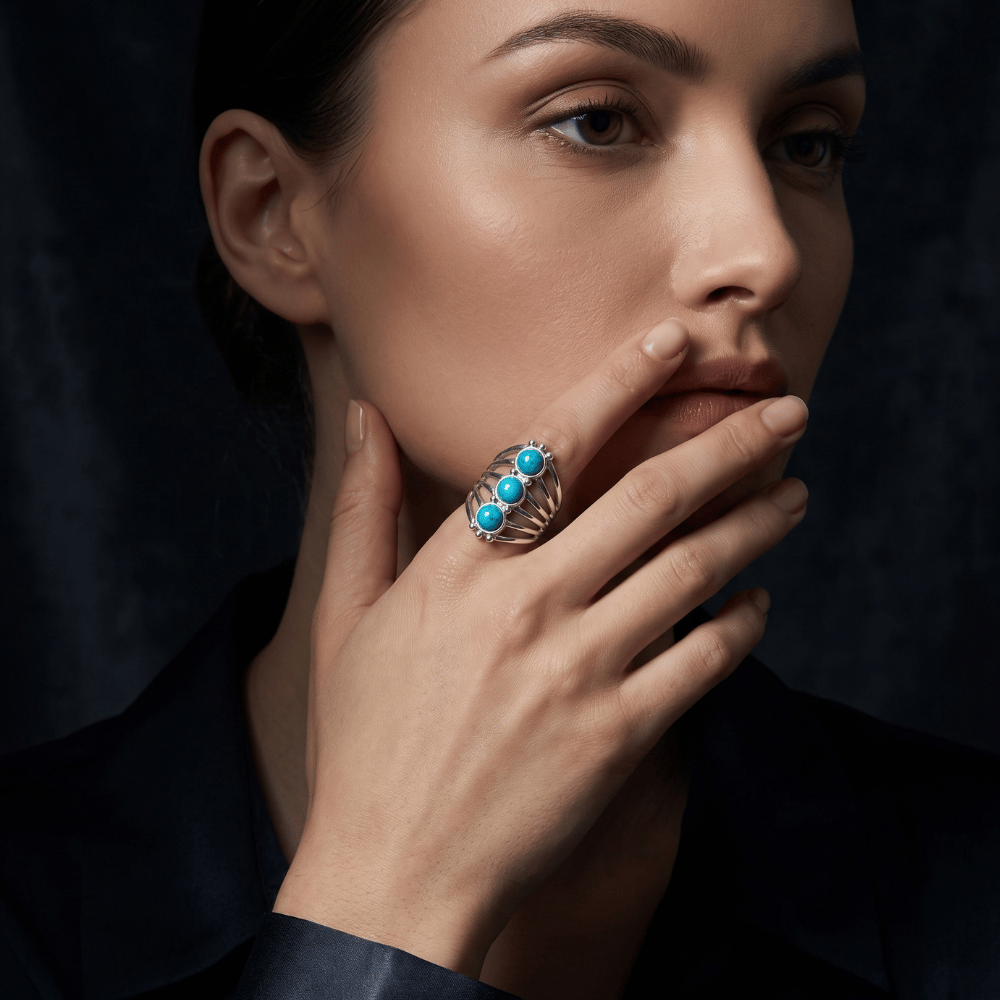 Polished Six Line Reconstituted Turquoise Ring