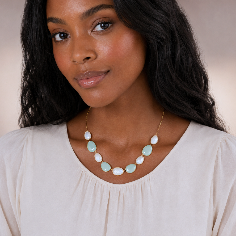 14 Karat Gold Plated Rainbow Moonstone and Green Chalcedony Necklace