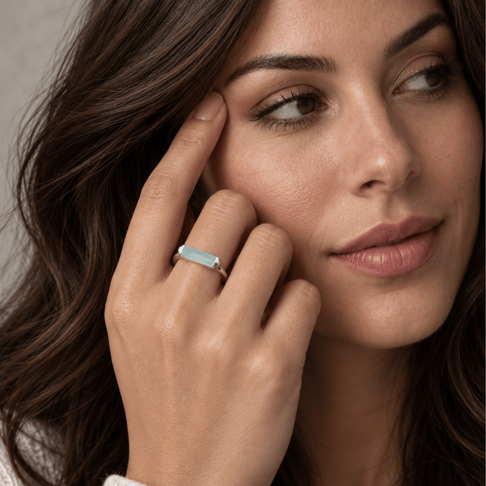 Rhodium Plated Green Chalcedony Bar Ring