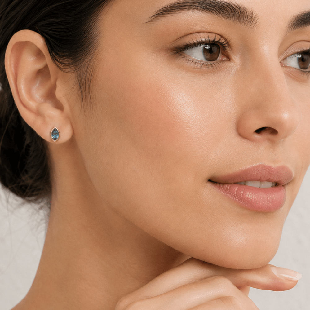 14 Karat Gold Plated Marquise Blue Glass Stud Earrings