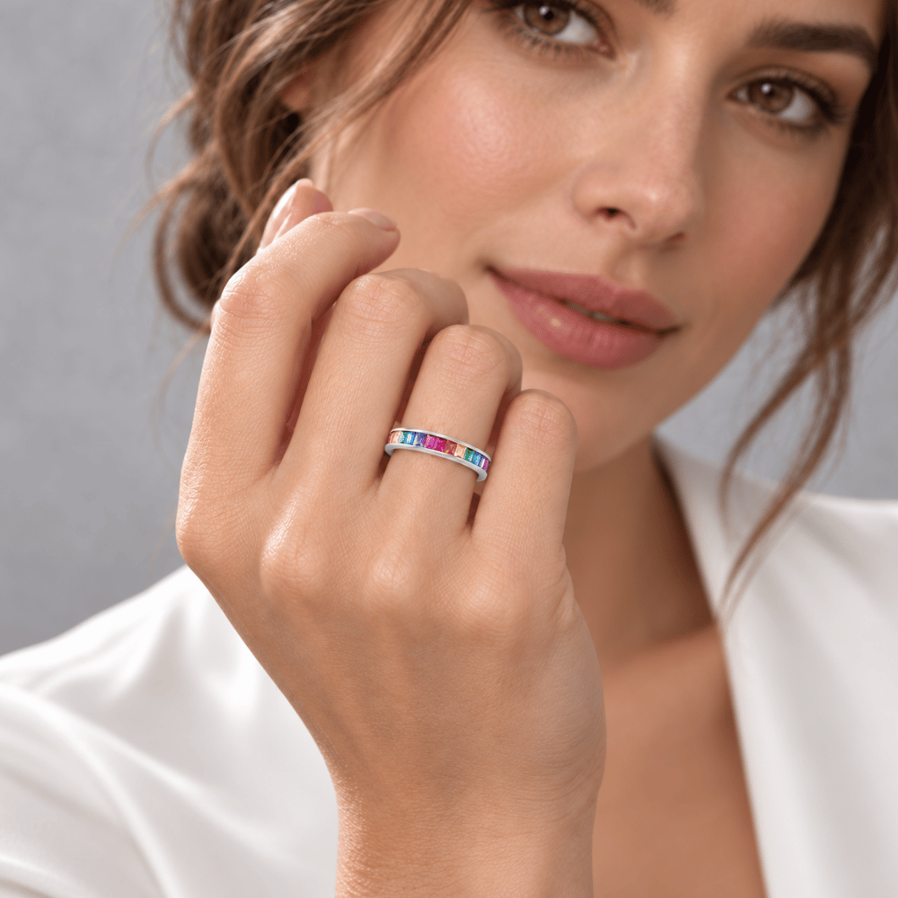 Rhodium Plated Rainbow CZ Ring