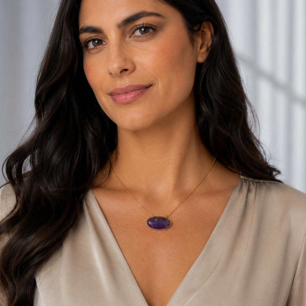 14 Karat Gold Plated Rough Cut Amethyst Slide Necklace