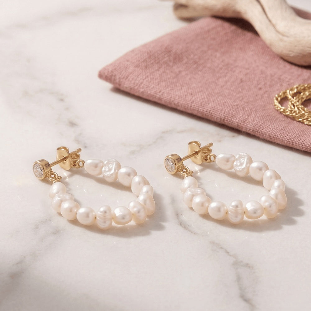 14 Karat Gold Plated Crystal and Cultured Freshwater Pearl Hoop Earrings