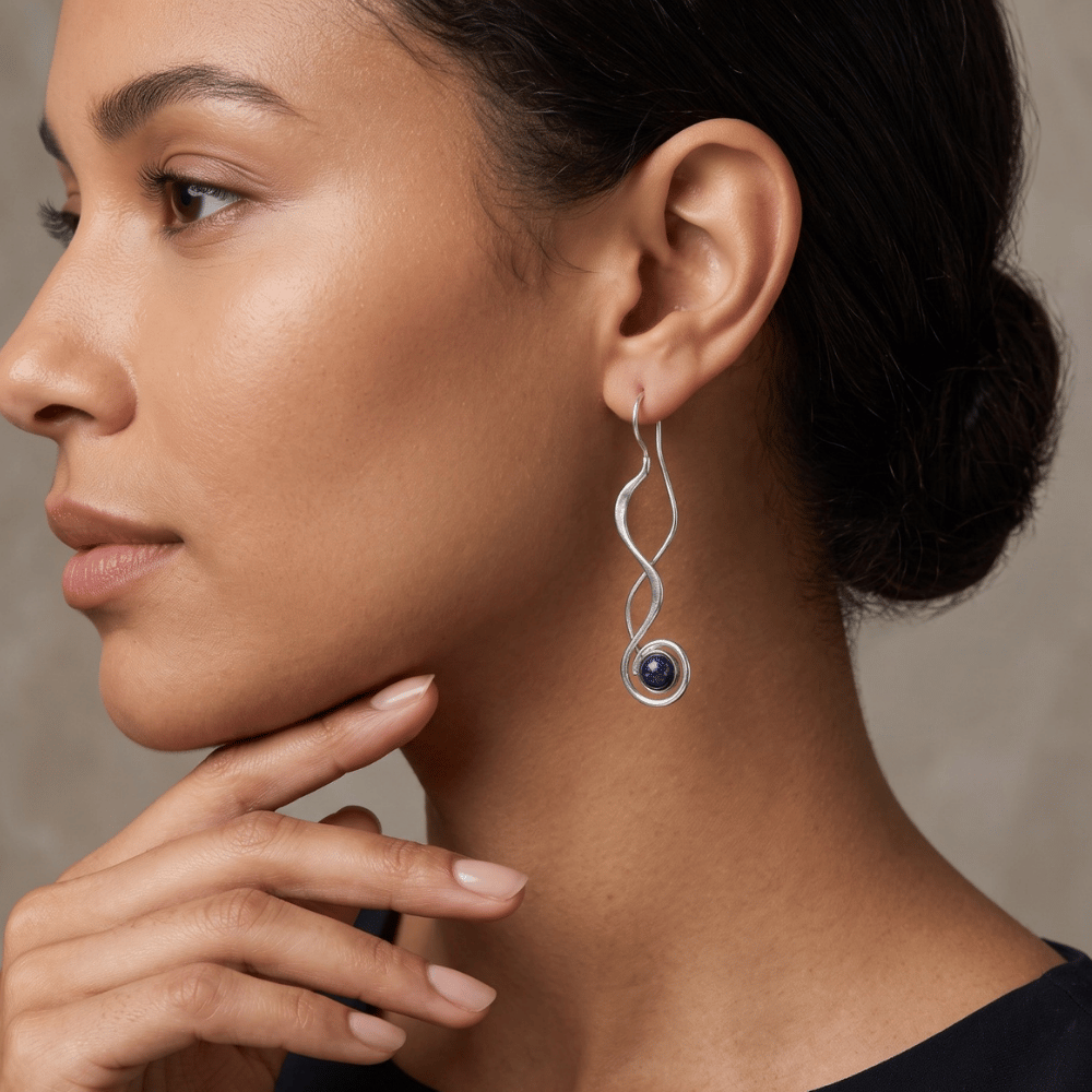 Polished Long Wavy Threader Earrings with Lapis