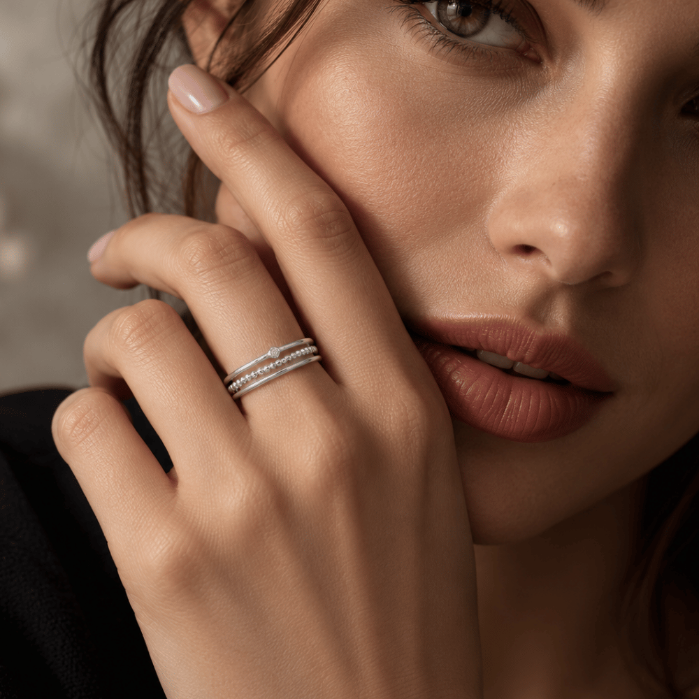 Rhodium Plated CZ Three Band Ring