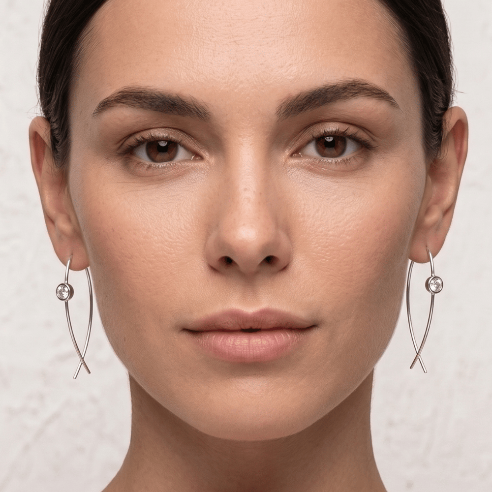 Rhodium Plated Thin Wire with Bezel CZ Earrings