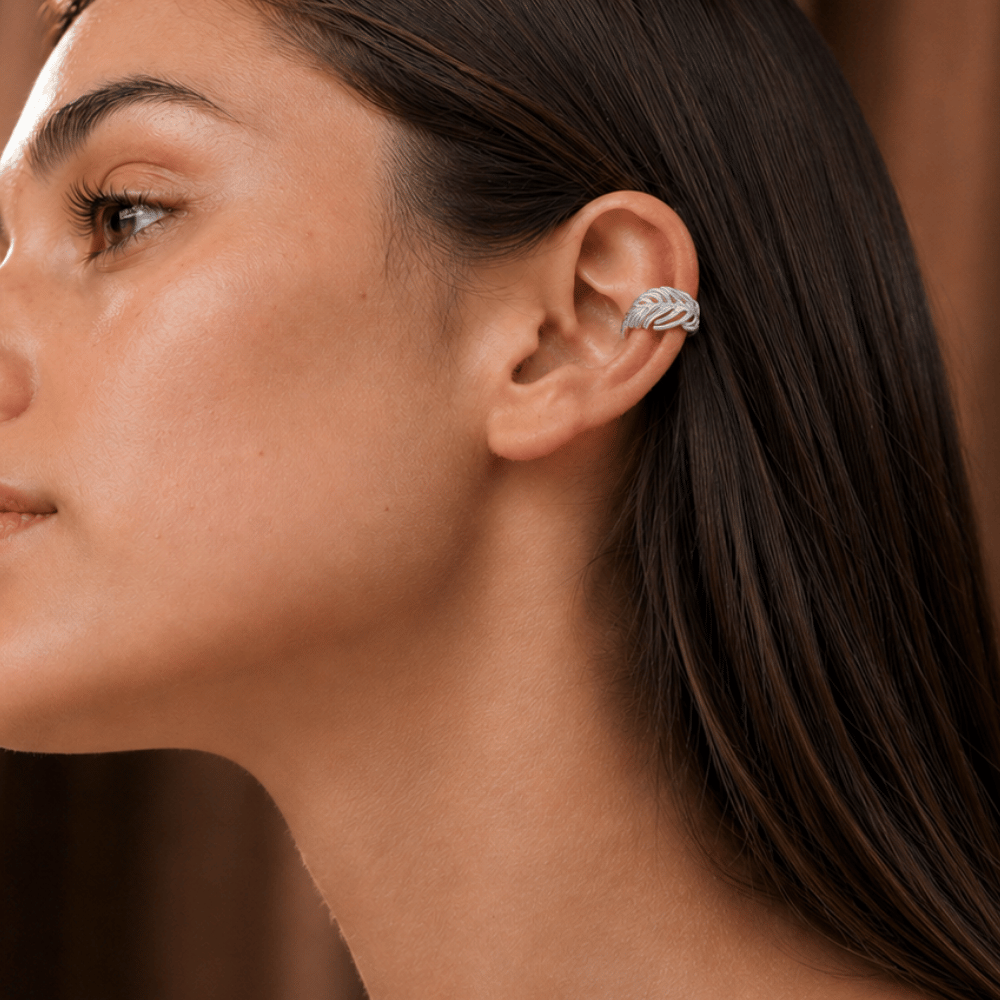 Rhodium Plated Feather Ear Cuffs