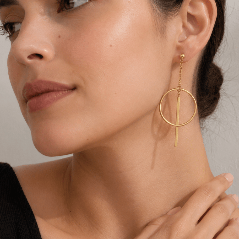 14 Karat Gold Plated Long Bar w/Circle Post Earrings