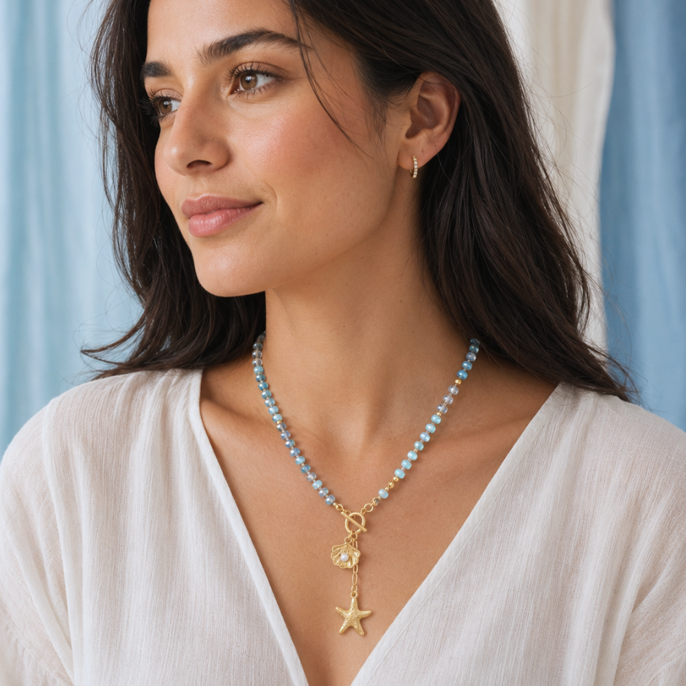 16" Gold Tone Seashell and Starfish Drop Fashion Toggle Necklace