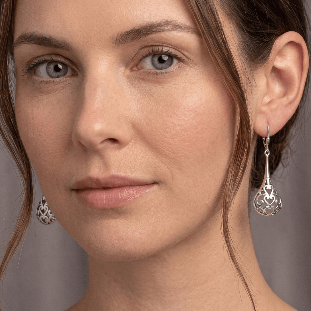 Oxidized Filigree Heart Pear Raindrop Earrings