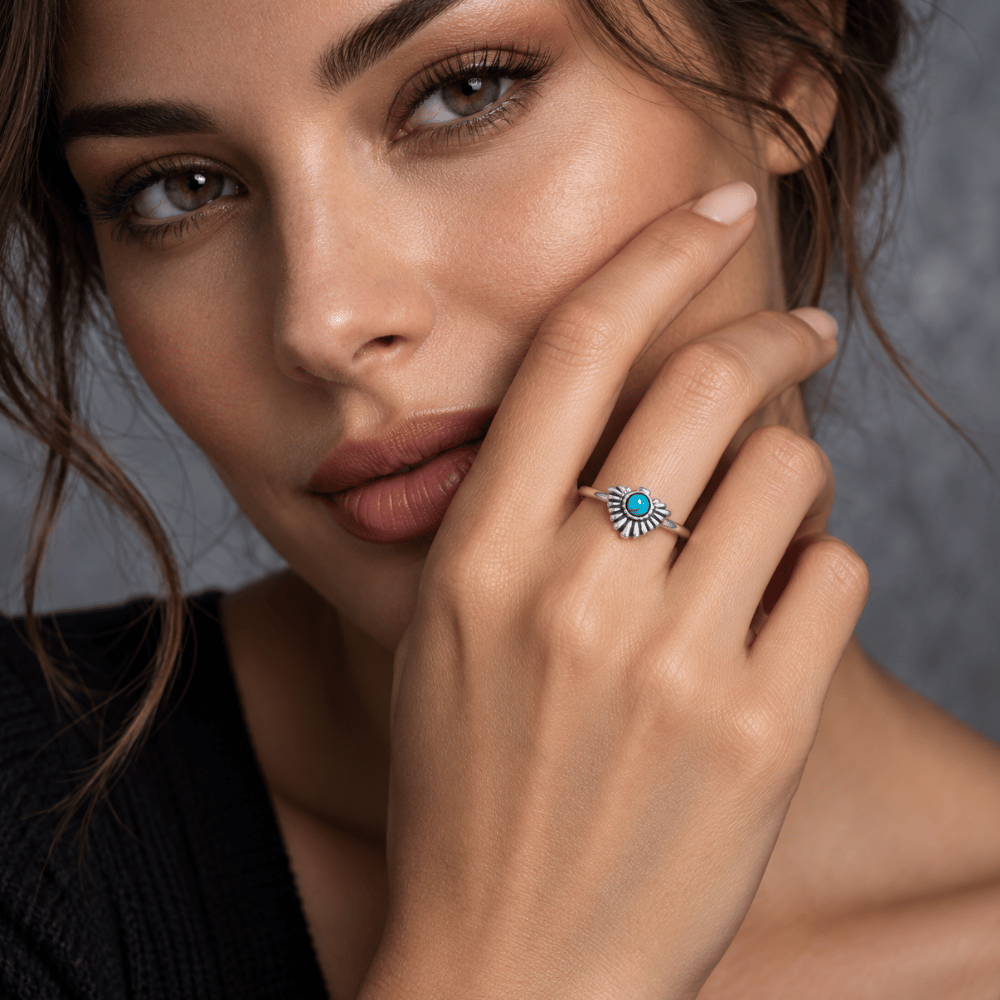 Rhodium Plated Oxidized Fan with Imitation Turquoise Ring