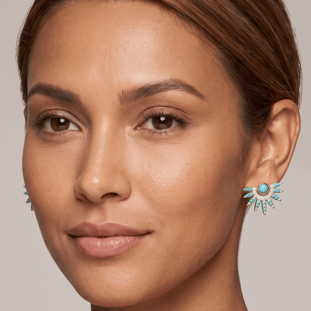 14 Karat Gold Plated Synthetic Turquoise and CZ Spike Post Earrings