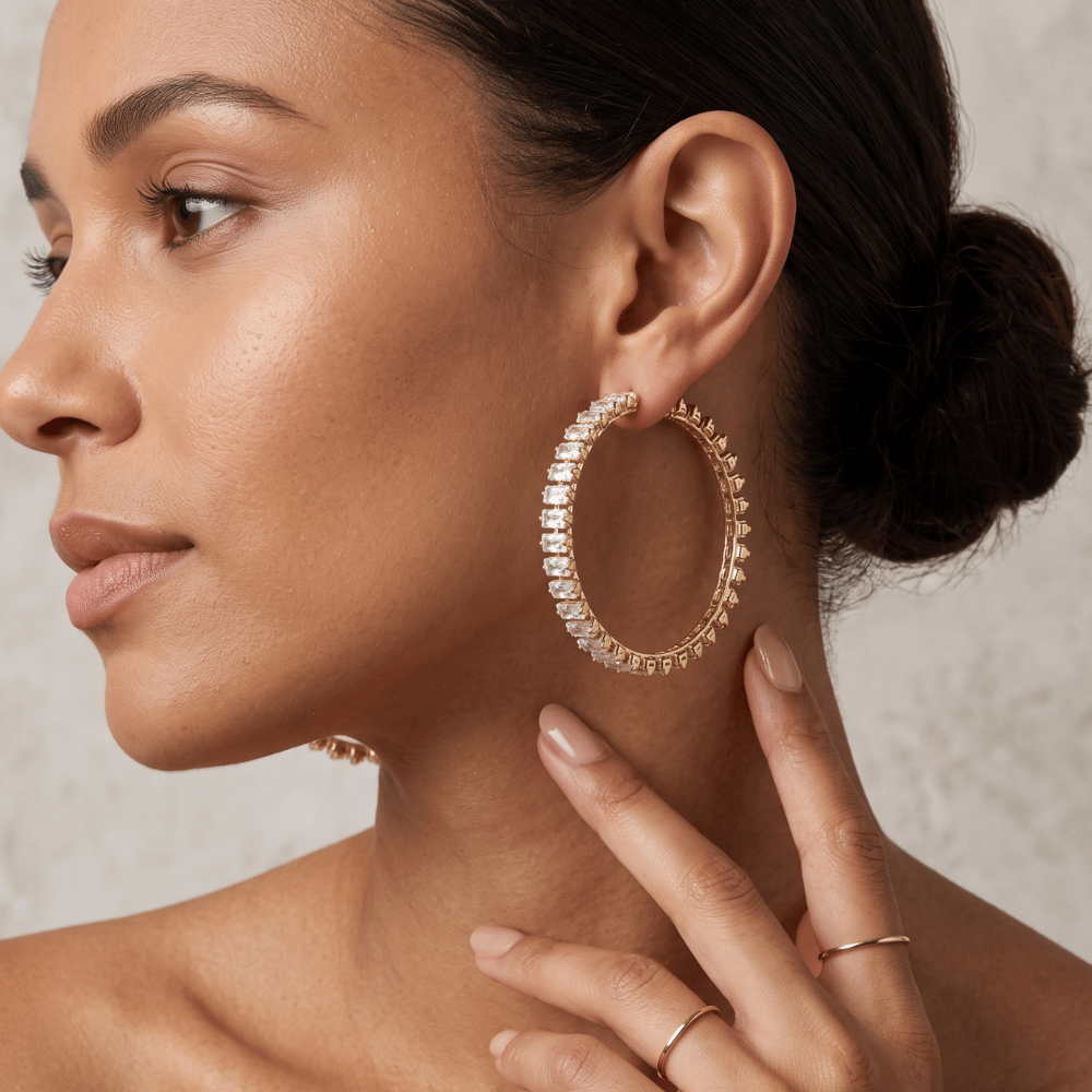 Gold Tone Baguette CZ Fashion Hoop Earrings