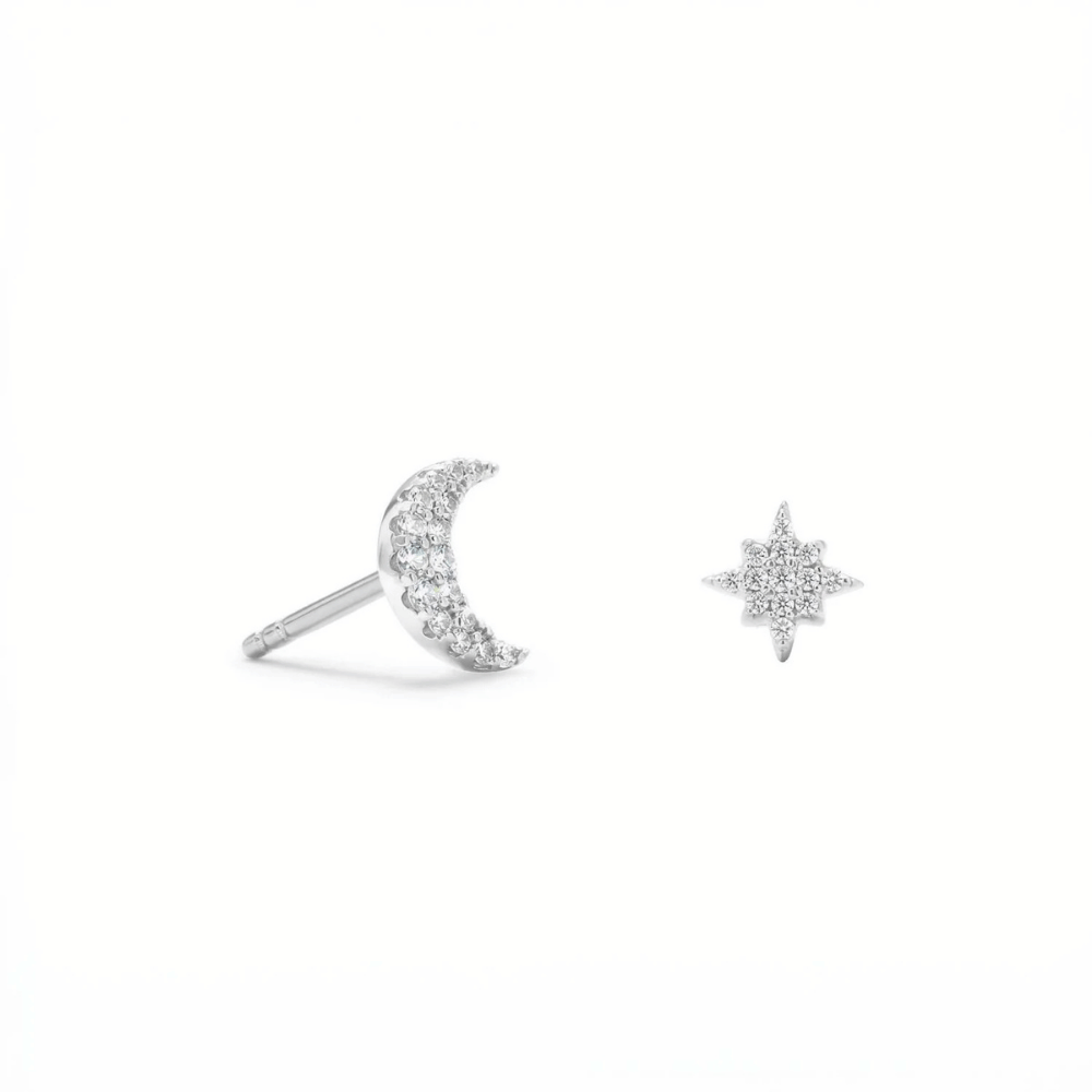 CZ Moon and Star Stud Earrings