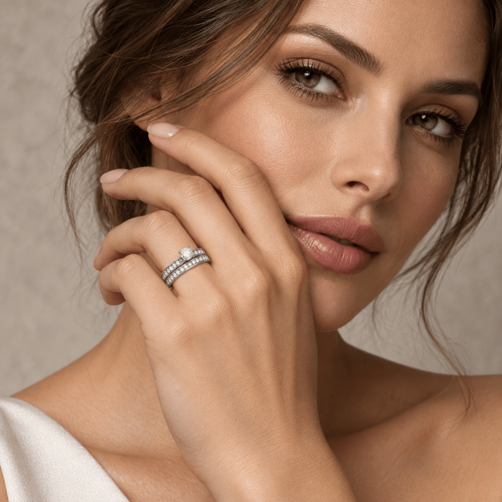 Rhodium Plated Wedding Band Set