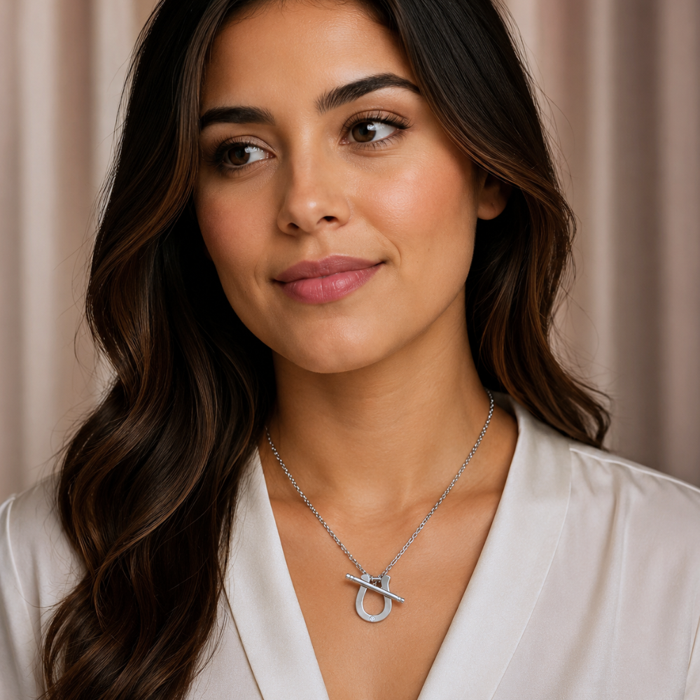 16" Rhodium Plated CZ Horseshoe Toggle Necklace