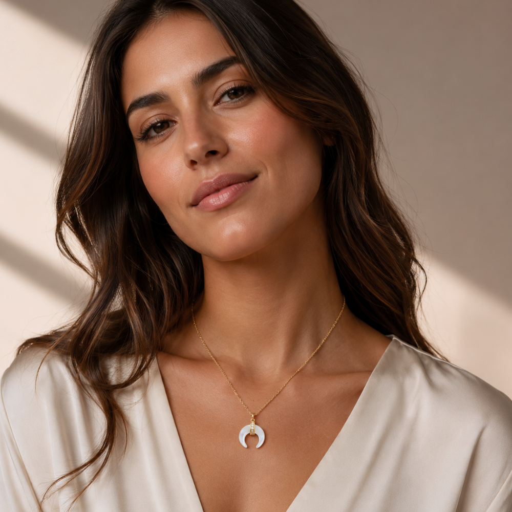 Mother of Pearl and CZ Crescent Gold Plated Necklace