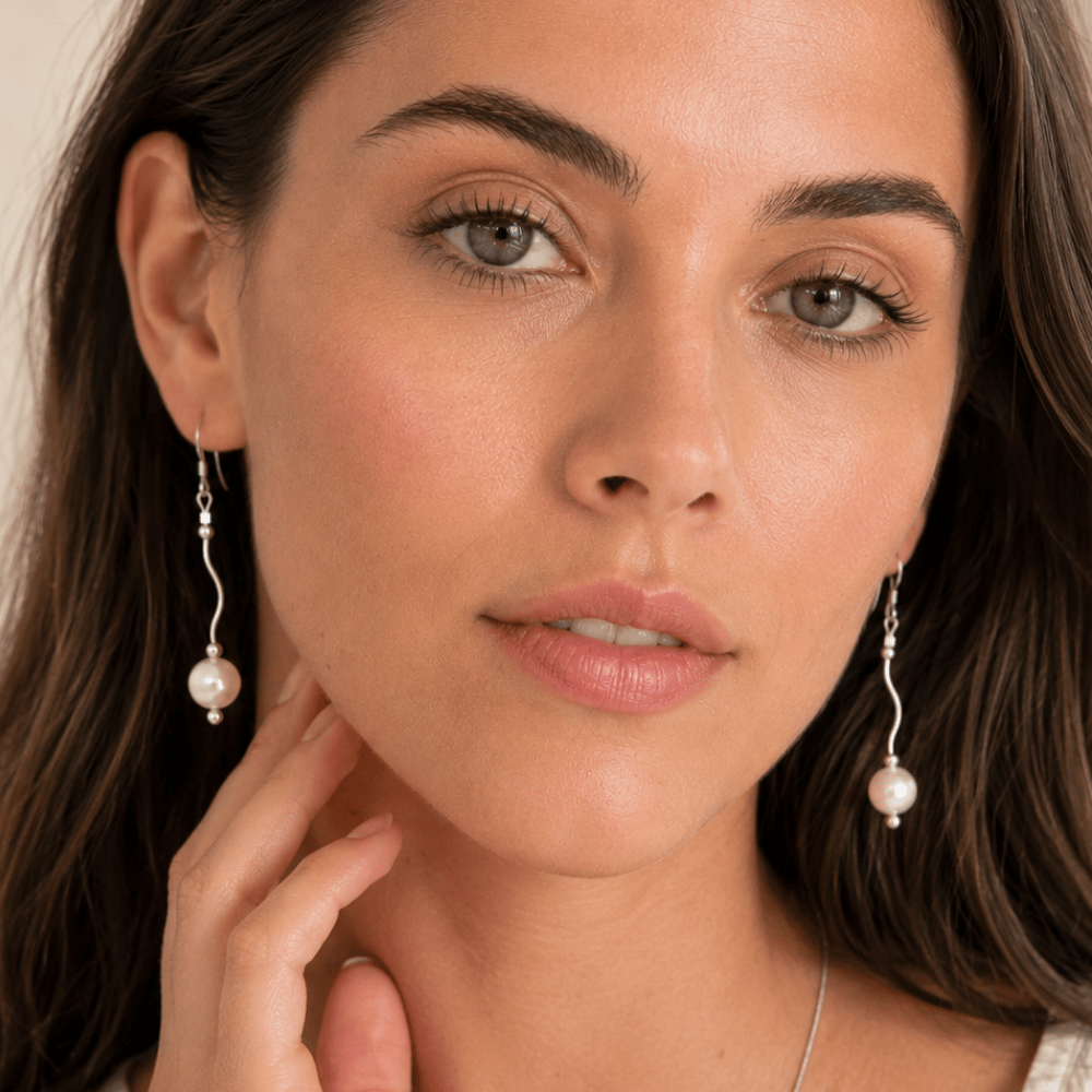 Wave Design Earrings with Cultured Freshwater Pearl Drop