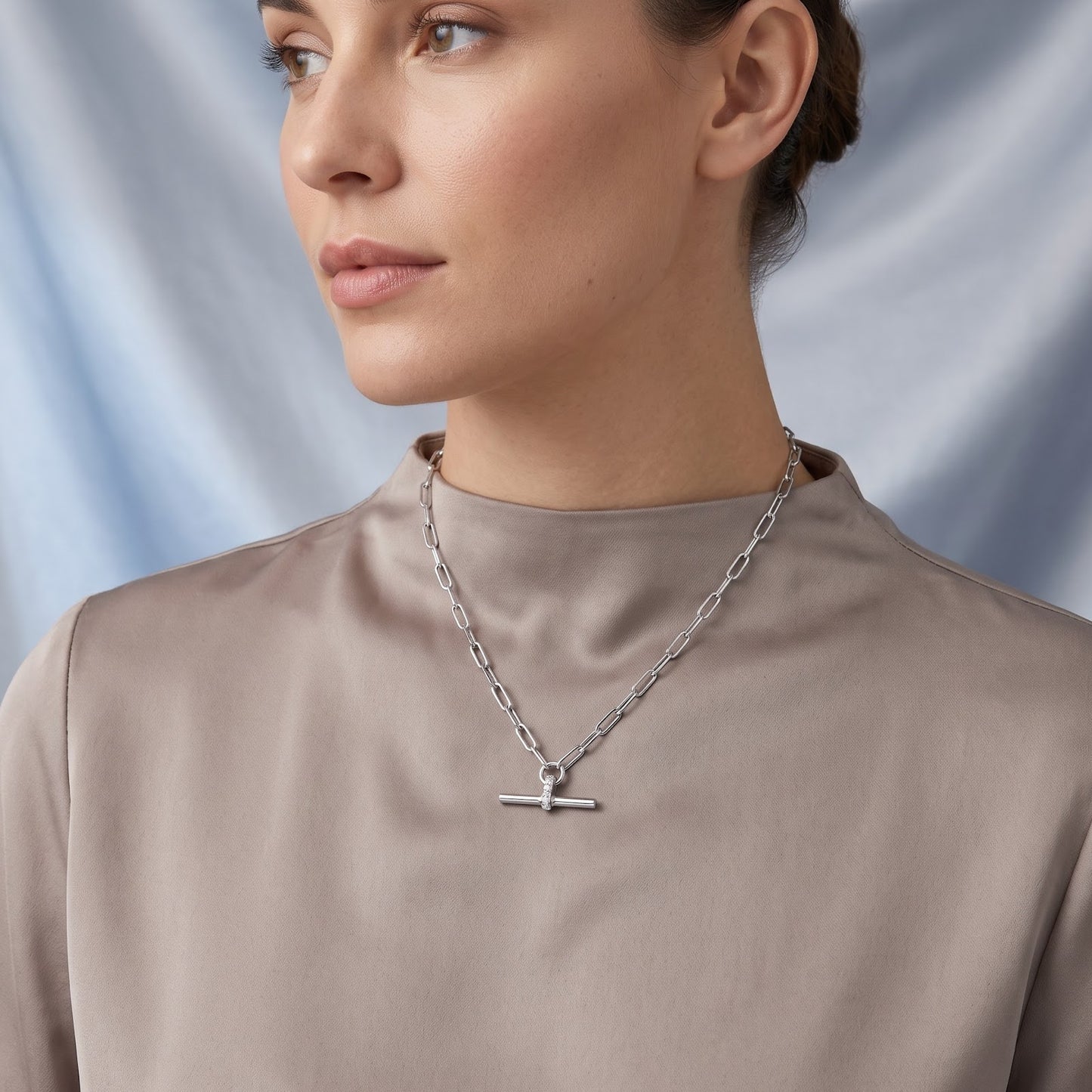 16" + 2" Rhodium Plated CZ Decorated Toggle Bar Necklace