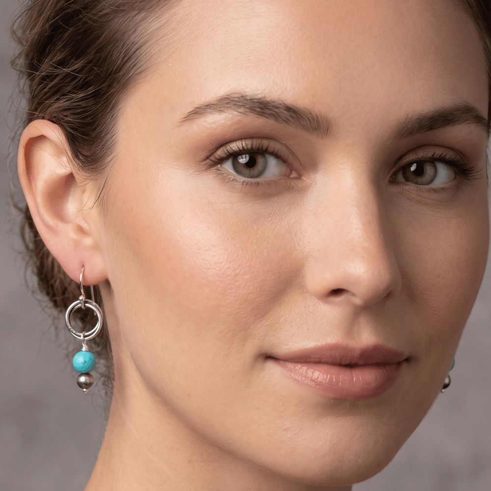 Oxidized Bead and Turquoise Rope Ring Earrings