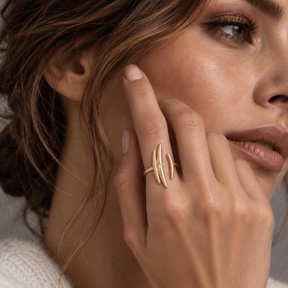 14 Karat Gold Plated Adjustable CZ Crescent Ring