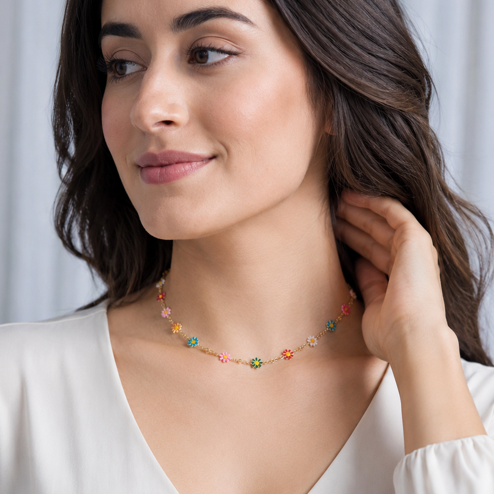 13.5" + 3" Multicolor Enamel Flower Necklace