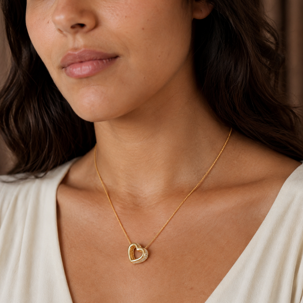 16" + 2" 14 Karat Gold Plated CZ Lined Floating Heart Necklace
