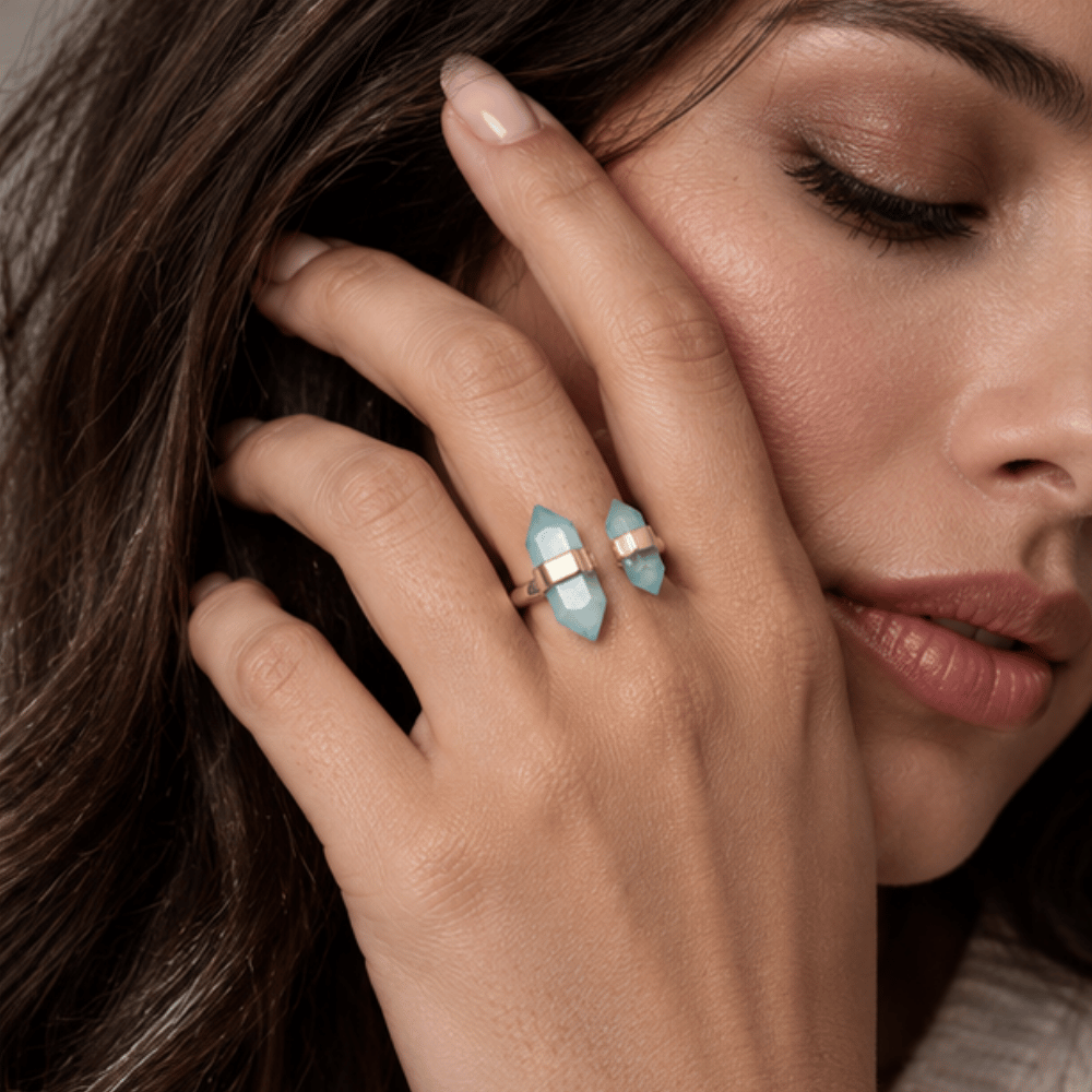 14 Karat Gold Plated Spike Pencil Cut Aqua Chalcedony Split Ring