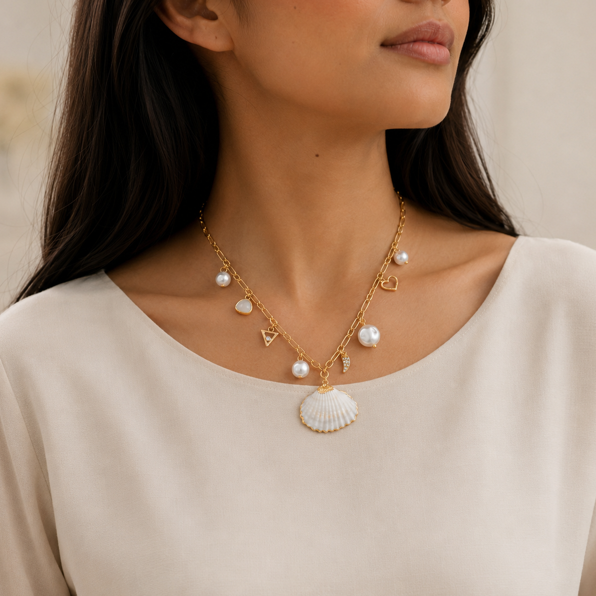 16" + 3" Gold Tone Shell and Pearl Charm Fashion Necklace