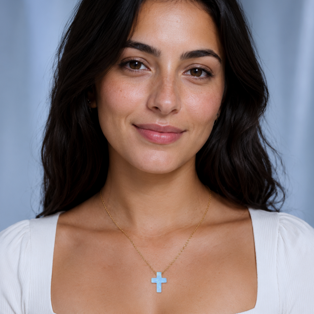 16" + 2" 14 Karat Gold Plated Synthetic Opal Cross Necklace