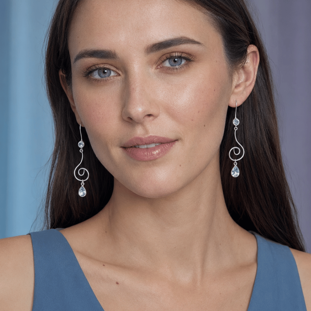 Swirl Design Earrings with Faceted Blue Topaz