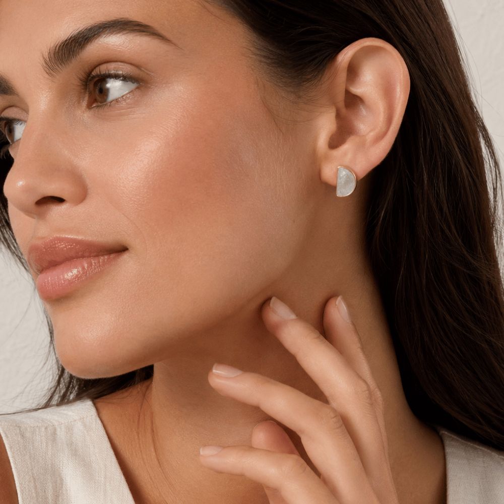 14 Karat Gold Plated Half Moon Rainbow Moonstone Post Earrings