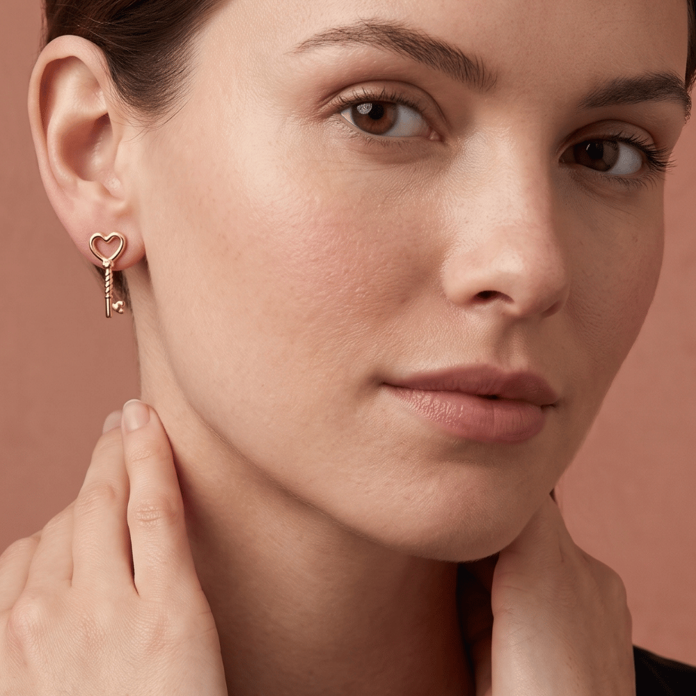 14 Karat Gold Plated Heart Key Stud Earrings