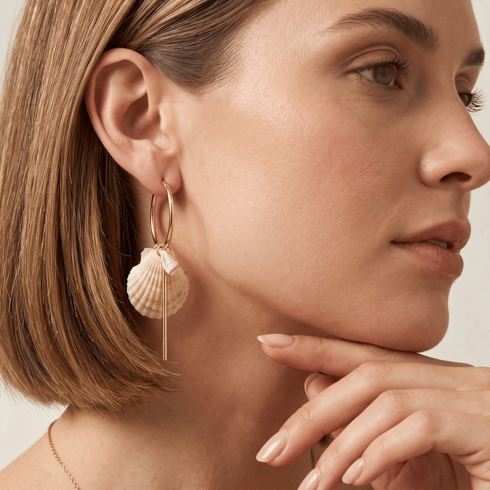 Gold Tone Seashell Drop Fashion Hoop Earrings
