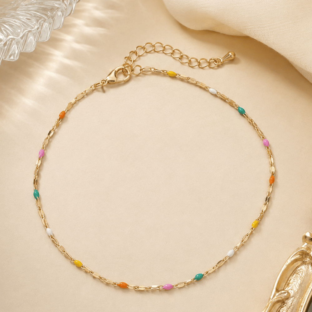 9" + 2" Gold Tone Multicolor Enamel Station Chain Anklet