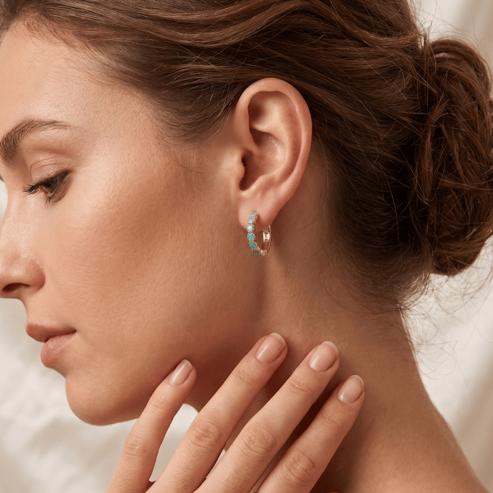 14 Karat Gold Plated Turquoise CZ Hoop Earrings
