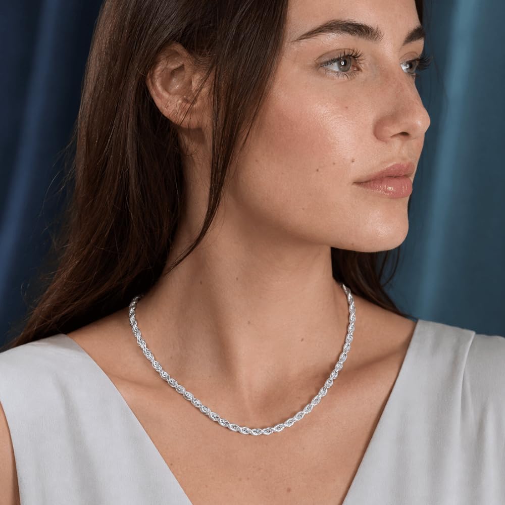 925 Sterling Silver Diamond Cut Rope Chain Necklace - 4.4mm