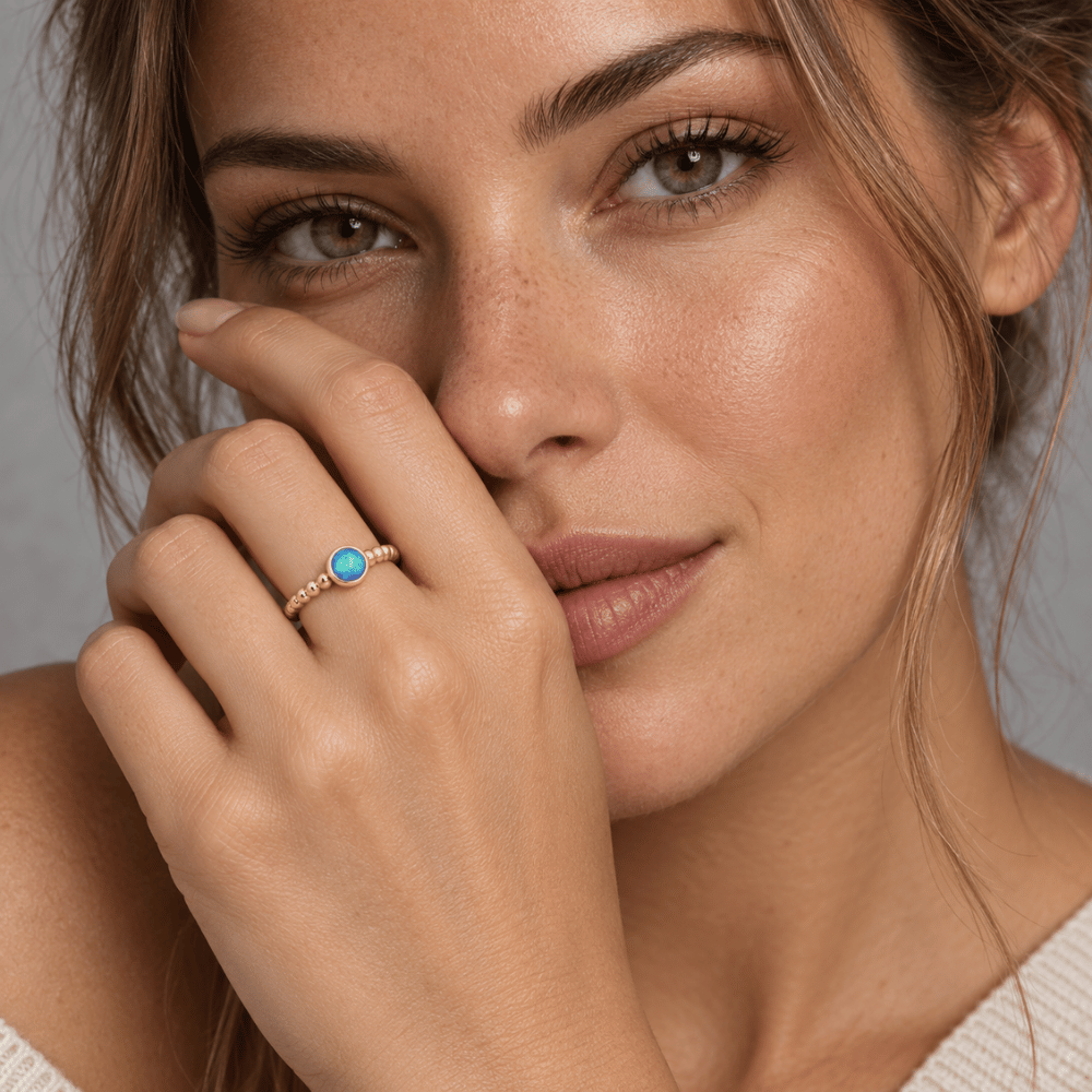 Round Synthetic Opal Ring - Blue Opal - Gold - view 5